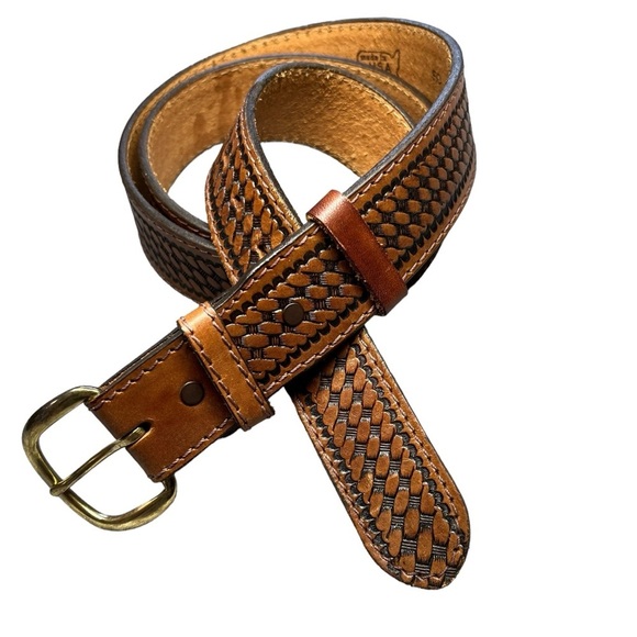 Branding Iron Tombstone Other - Western Brown Tooled Saddle Leather Belt With Brass Buckle Men's Size 50